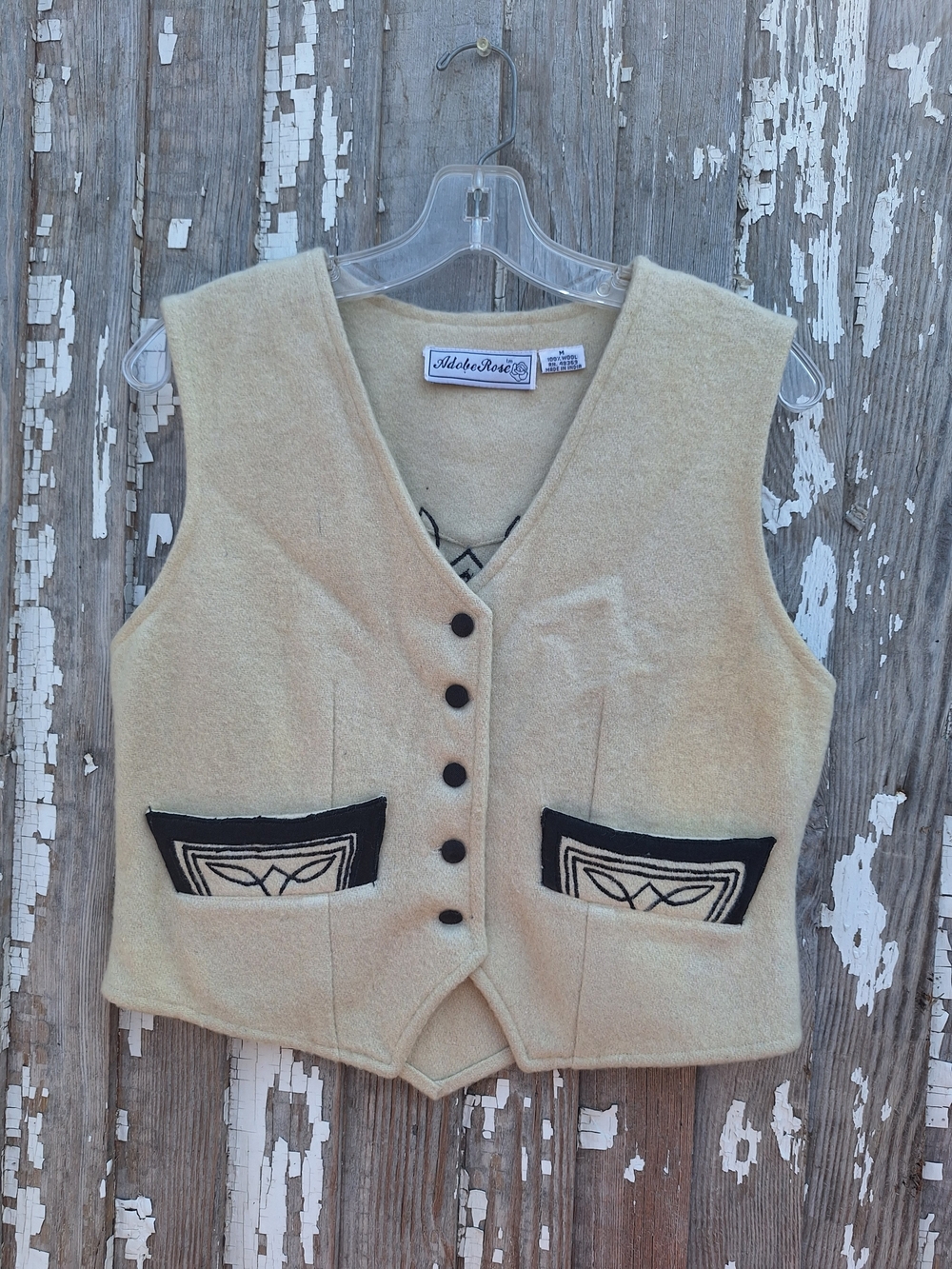 Vintage Adobe Rose Cream Wool Vest with Black Trim - Women Western Size Medium